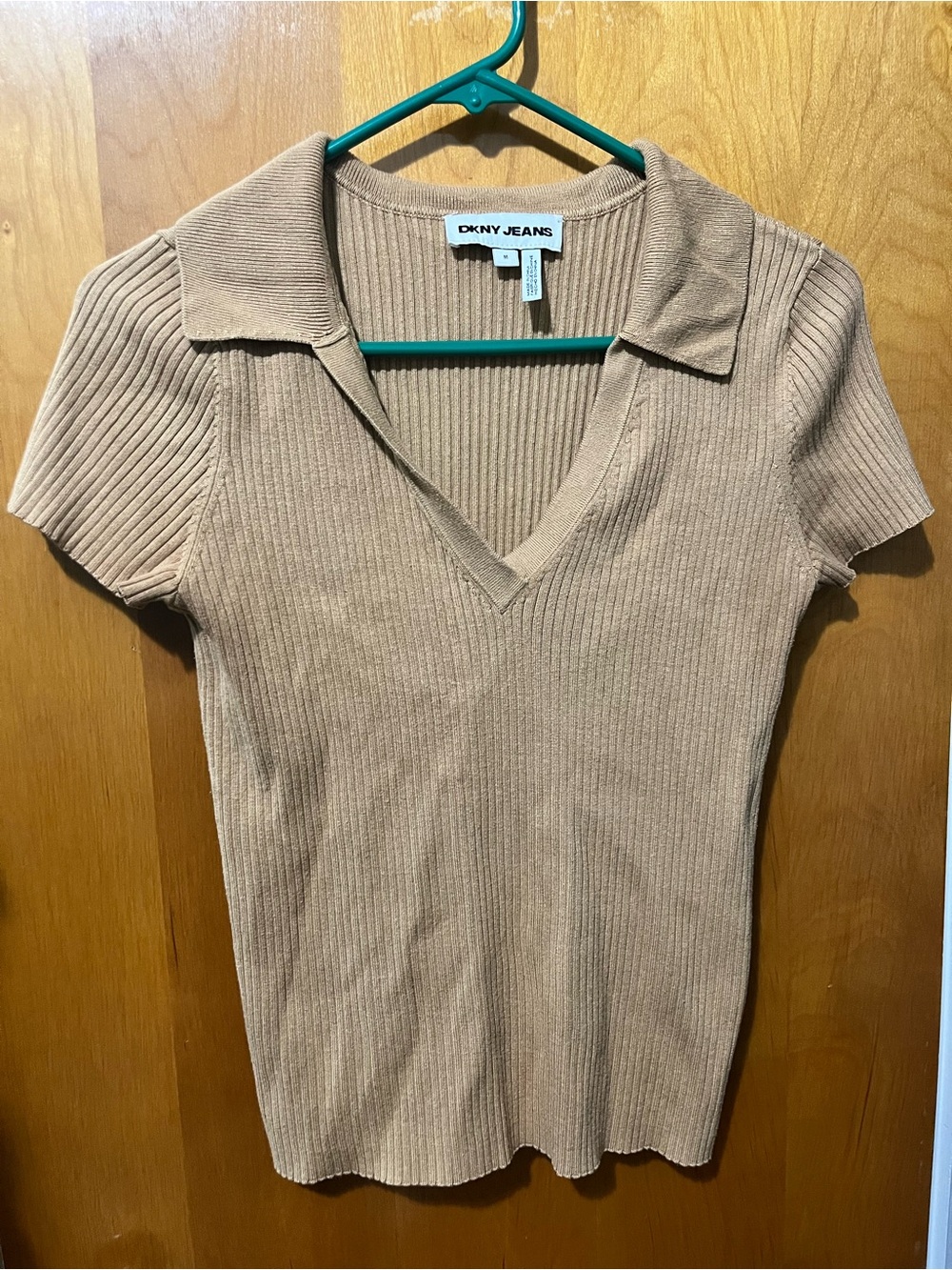 DKNY Ribbed V-Neck Short Sleeve Polo Top in Light Tan